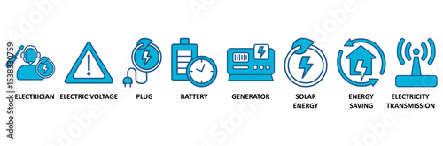 Electricity banner web icon vector illustration concept with icon of electrician, electric voltage, plug, battery, generator, solar energy, energy saving, electricity transmission
