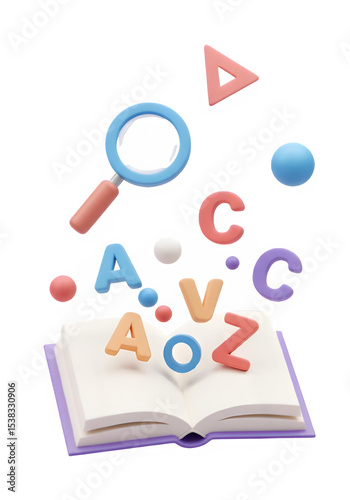 3D illustration of an open book with colorful alphabet letters, shapes, and magnifying glass floating above it, isolated on transparent