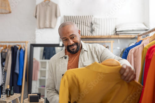 Man choosing a shirt to buy in a clothes store