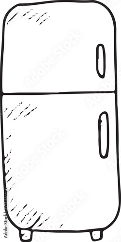 Hand-drawn sketch of a sleek refrigerator in minimalist black-and-white line art, perfect for modern kitchen designs, featuring a clean outline and subtle details, ideal for home decor inspiration