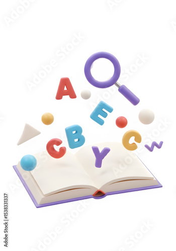 3D illustration of an open book with colorful alphabet letters, shapes, and magnifying glass floating above it, isolated on transparent