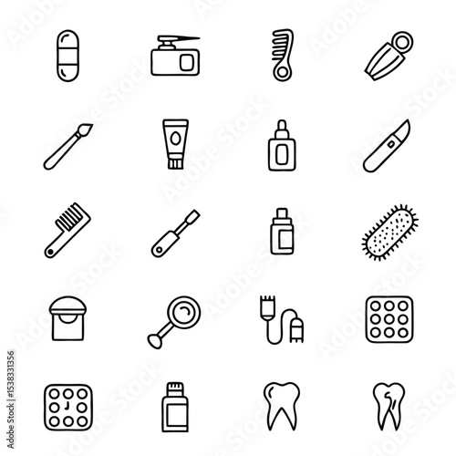 Simple outline icons showcase health, hygiene, medical and personal care products for daily needs