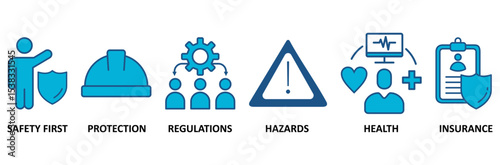 Work safety banner web icon vector illustration for occupational safety and health at work with safety first, protection, regulations, hazards, health, and insurance icon