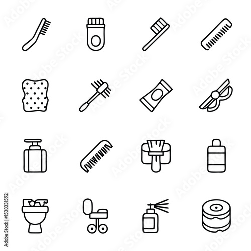 Collection of simplistic line art icons showing various toiletries and personal hygiene products for daily routine