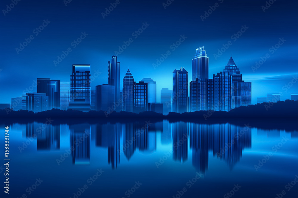 Fototapeta premium City skyline illuminated in deep blue tones at twilight, reflecting beautifully in the still water below. Concept of urban landscapes, city planning, tourism