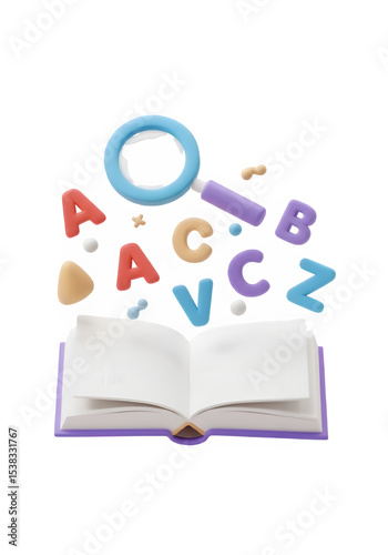 3D illustration of an open book with colorful alphabet letters, shapes, and magnifying glass floating above it, isolated on transparent