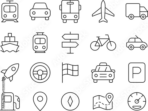 Public and Municipal Transport Line Icons Set — Thin Linear Vector Symbols of Travel and Transit