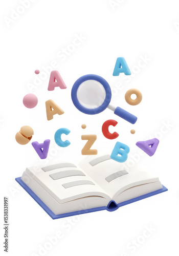 3D illustration of an open book with colorful alphabet letters, shapes, and magnifying glass floating above it, isolated on transparent