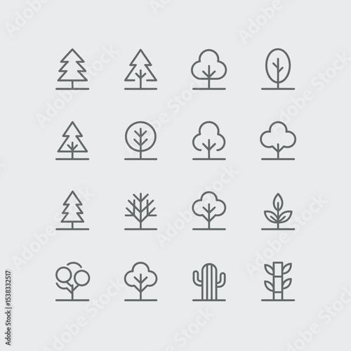 Gray Line Art Tree Icons Set Simple Nature Symbols Collection
