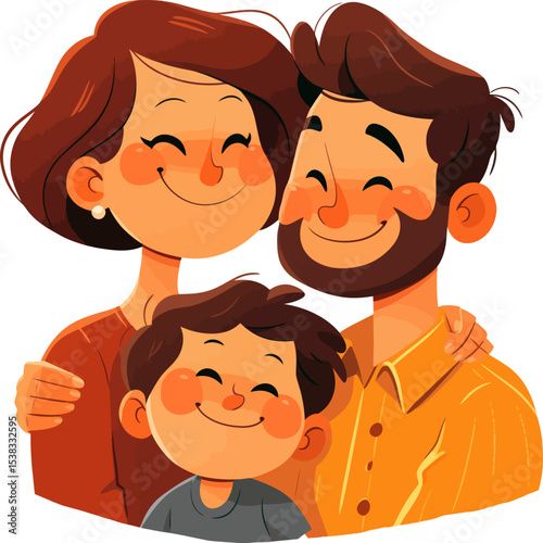 Family's Joyful Embrace: A cartoon depiction of a smiling family, their faces alight with happiness, forming a heartwarming portrait of togetherness. Embrace family's warmth.