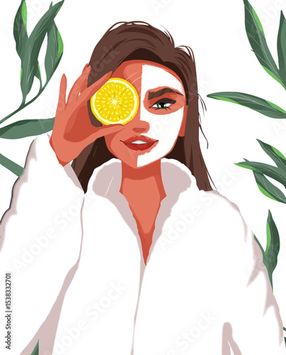 Wellness Ritual: A woman enjoys a spa day, masked and holding citrus, embracing self-care amidst vibrant greenery, embodying relaxation and beauty.
