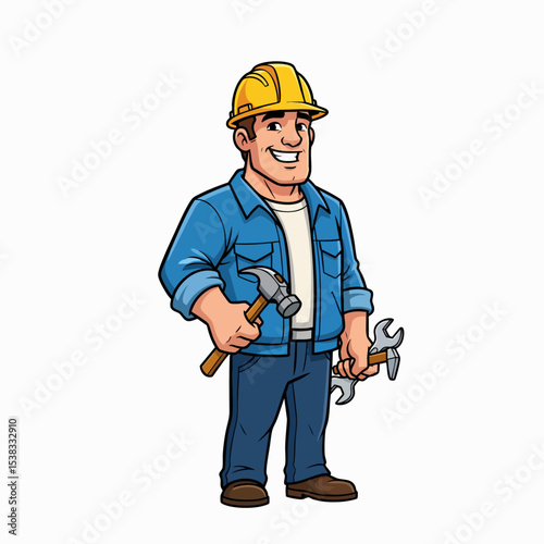 Cheerful Male Construction Worker with Tools Cartoon