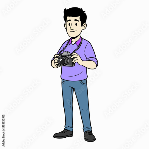 Friendly Male Photographer Cartoon Character Holding Camera