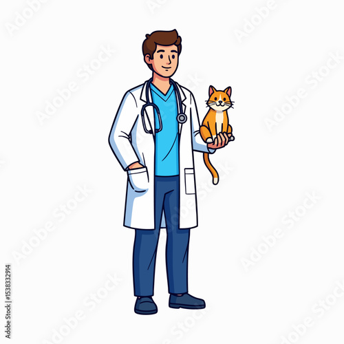 Smiling Male Veterinarian Holding Orange Cat Character