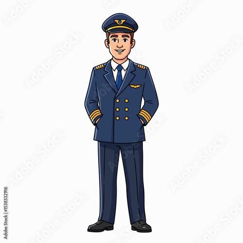 Smiling Male Pilot Character in Blue Uniform