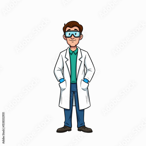 Smiling Male Scientist Character with Safety Goggles