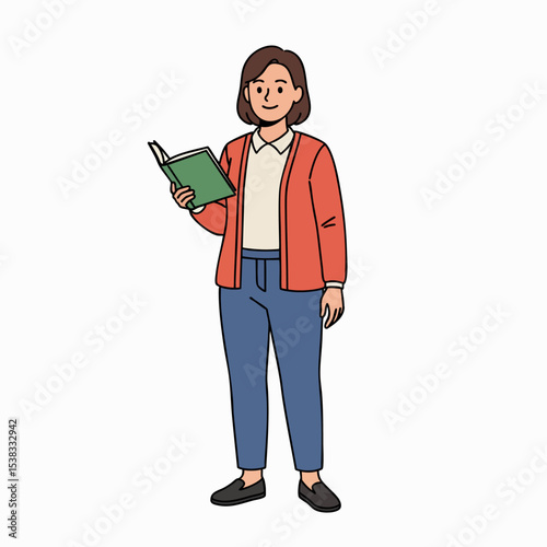 Smiling Female Teacher Librarian Holding Book Character