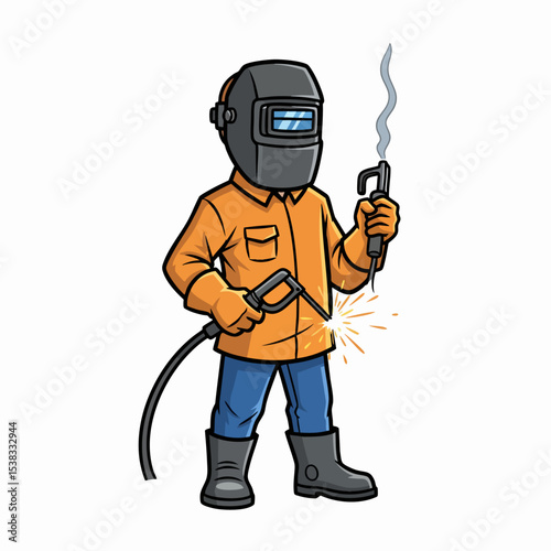 Smiling Male Welder Worker with Welding Mask and Torch