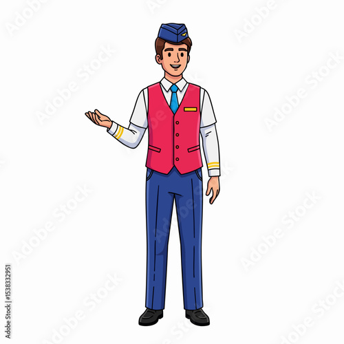 Smiling Male Flight Attendant Usher Character Uniform