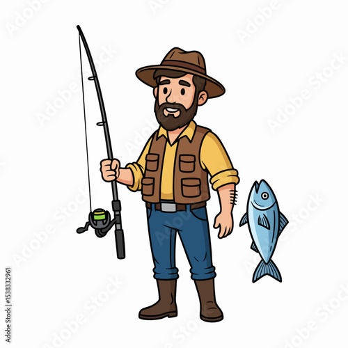Smiling Male Fisherman Character with Fishing Rod and Fish