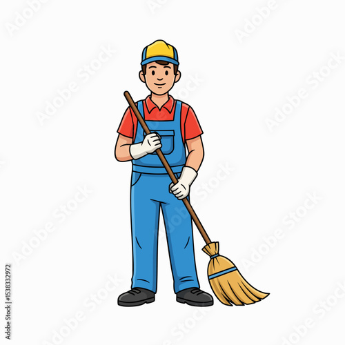 Smiling Male Janitor Sweeper with Broom Cartoon