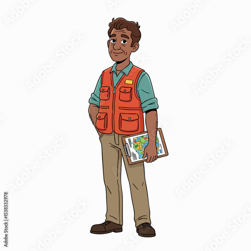 Smiling Male Surveyor Geologist Character with Map Tablet