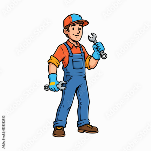 Smiling Male Mechanic Worker with Wrenches Cartoon
