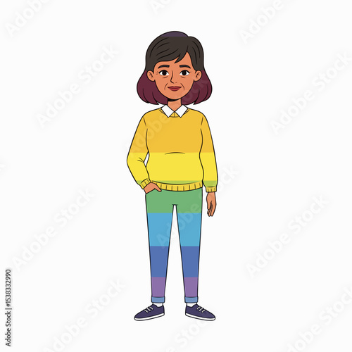 Smiling Woman in Rainbow-Colored Outfit Cartoon Character