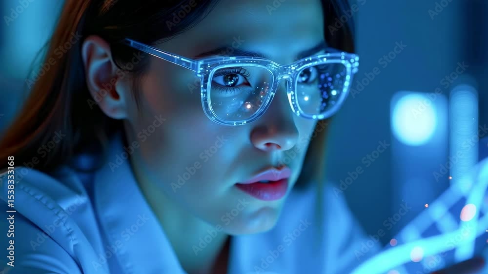 Focused scientist in lab wearing glasses, examining glowing data strands, with blue lighting ambiance