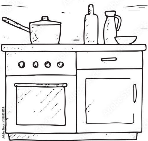 Hand-drawn sketch of a stove in minimalist black-and-white line art, featuring a clean outline, perfect for modern kitchen designs and home decor illustrations