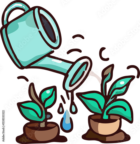 Nurturing Green Shoots: A vivid illustration shows the tender care of watering, a nurturing touch on sprouting life.