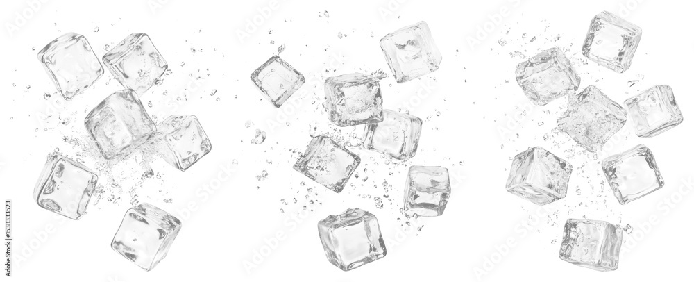 Fototapeta premium PNG Scattered ice cubes splashing water, element set on transparent background