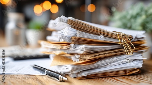A large stack of organized documents and folders sits on a desk with a pen nearby and a blurred office background.