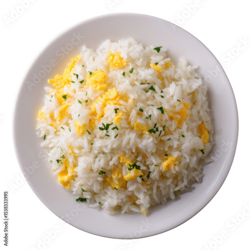 Delicious plate of fluffy white rice mixed with scrambled eggs and garnished with fresh herbs, isolated on a white background.