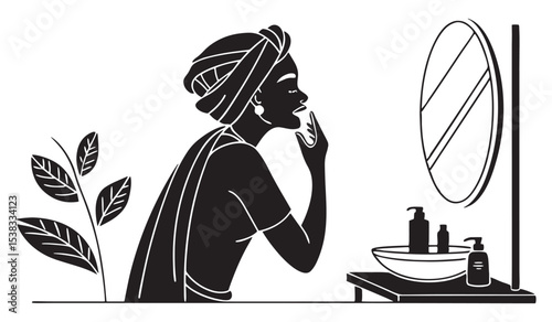 Black woman applying skincare in bathroom mirror