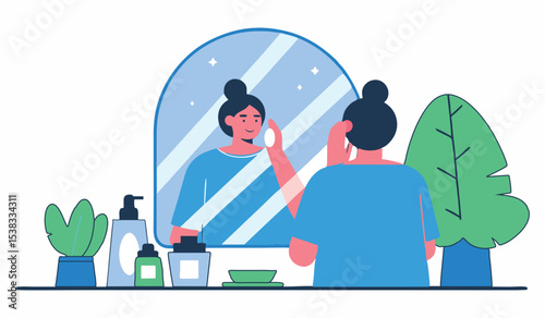 Woman applying skincare at home in front of mirror