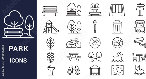 Collection of Line Art Park Icons Benches, Trees, Playground, and More