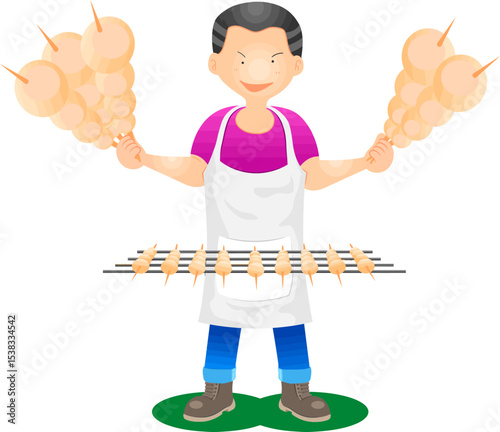 Street Food Vendor with Grilled Skewers: A cheerful cartoon illustration of a street food vendor proudly presenting delicious grilled skewers, with fluffy cotton candy adding a whimsical touch.
