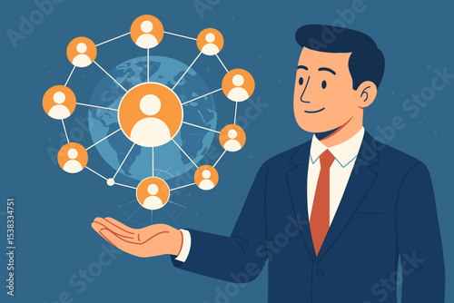 Customer network management concept. Businessman holding social network structure. Global connection for CRM, marketing, sales, leadership, human resources. Teamwork and communication.