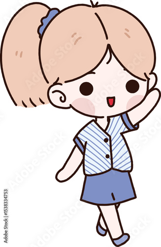 Animated Cheerful Girl: A whimsical illustration of a cheerful girl, depicted with a friendly smile and waving hand, captures the essence of youthful energy and positivity. 
