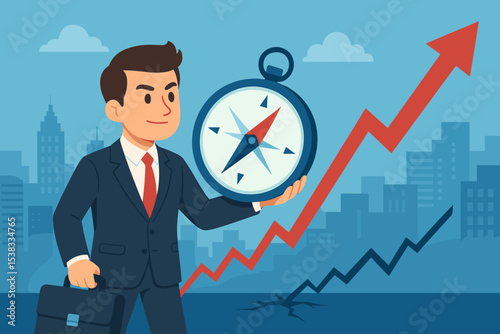 Businessman holding compass navigating business direction through economic crisis. Metaphor for financial strategy, investment, leadership and overcoming recession for future growth.