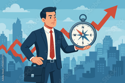 Businessman holding a compass to navigate economic challenges. Concept for business strategy, financial direction, investment guidance, market growth, and finding success.