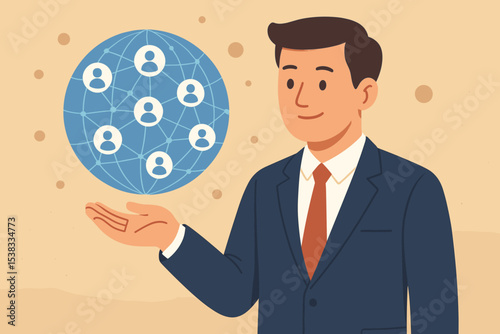 Businessman holding a global network. Customer relationship management, CRM, social media community building, target audience, global business strategy, connection, communication.