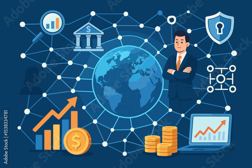 Global business network and fintech concept. Businessman overseeing international finance, investment, data analysis, and cybersecurity. World economy and technology connection vector.