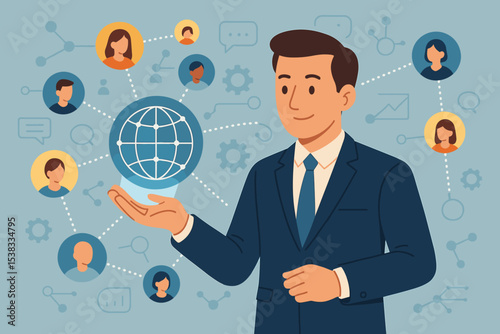 Customer relationship management CRM concept. Businessman managing global customer network. Social media community, user data analysis, global business strategy. Vector illustration.