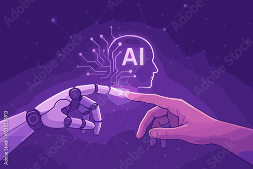 Human and robot hands connection with AI digital brain. Artificial intelligence, machine learning, innovation concept. Future technology synergy, humanoid cyborg interaction vector.