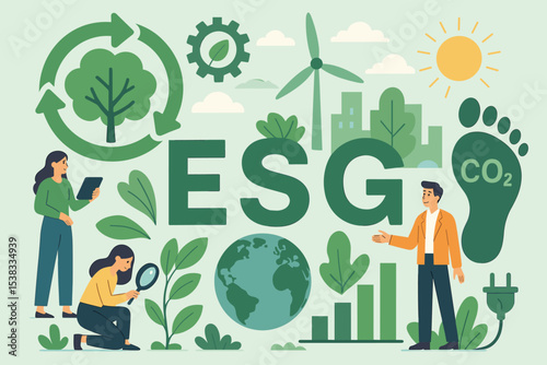 ESG concept with environmental, social, and governance principles for sustainable business. Vector illustration for corporate responsibility, ethical investment, and green energy.