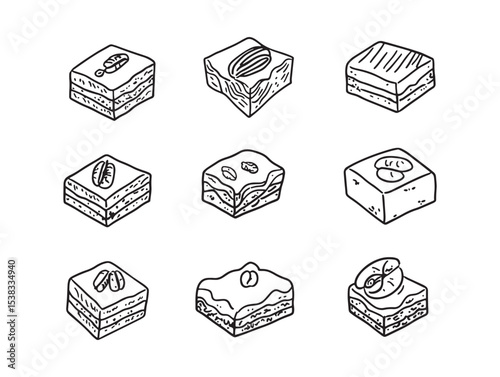 Simple Line Art Vector Of Tasty Pecan Brownie Dessert 