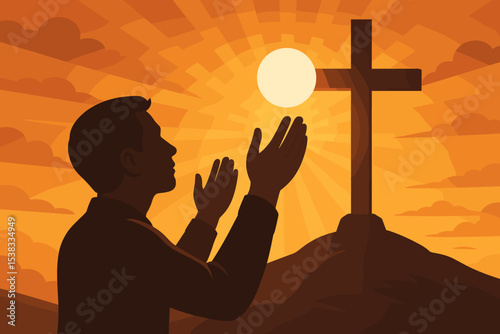 Christian religion concept with praying man silhouette. Person with hands in prayer at the cross on a hill at sunset. Faith, hope, spirituality, and worship to God vector illustration.