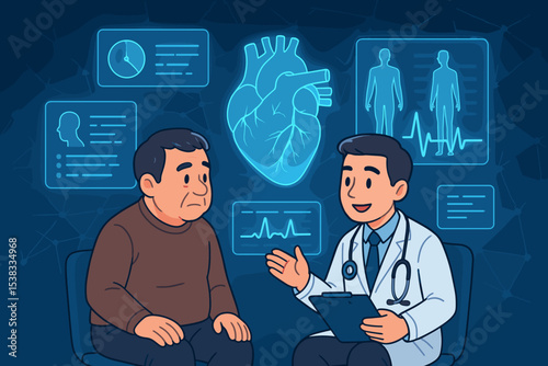 Futuristic cardiology technology concept with doctor consulting patient. Cardiologist explaining heart scan results using holographic interface. Modern healthcare innovation vector.